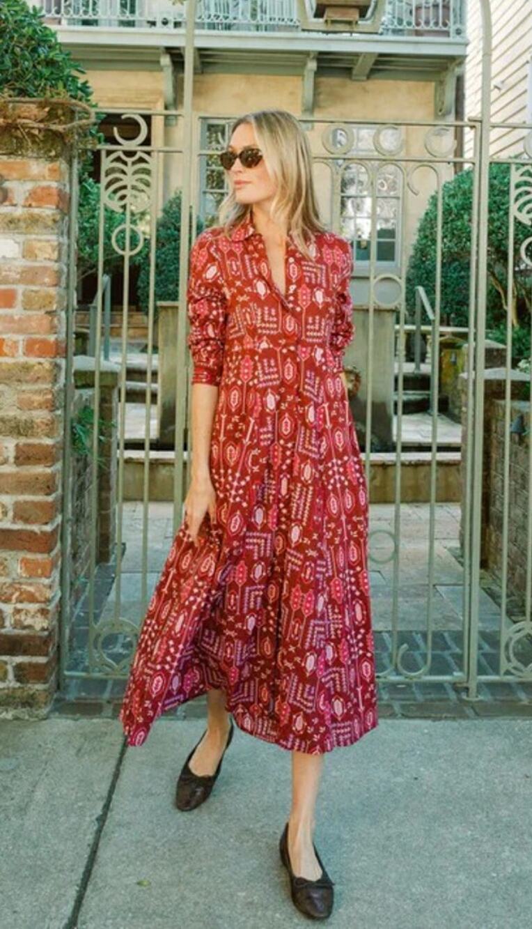Julia India Amory JA Shirt Dress Summer Maxi Button Down Cotton Red Heritage S